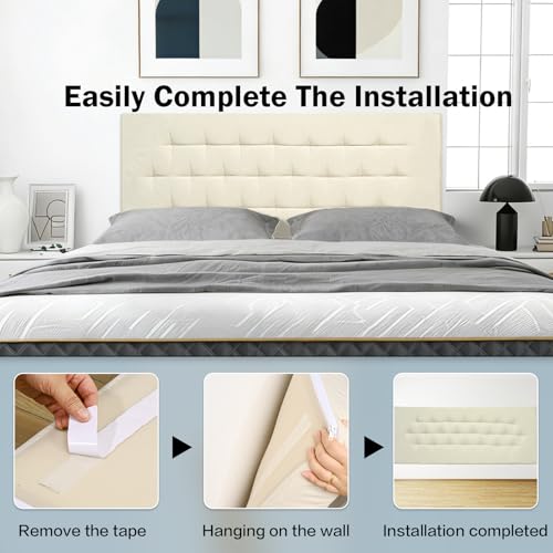 Upholstered Headboard Queen Size, 59" x 23" Easy No-Tools Wall Mounted Bed Headboards, Modern Linen Button Diamond Tufted Design, Beige - size: 59"x23"