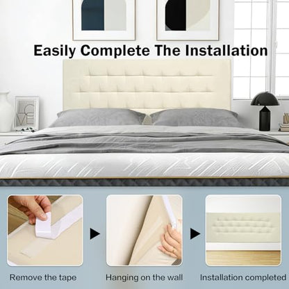 Upholstered Headboard Queen Size, 59" x 23" Easy No-Tools Wall Mounted Bed Headboards, Modern Linen Button Diamond Tufted Design, Beige - size: 59"x23"
