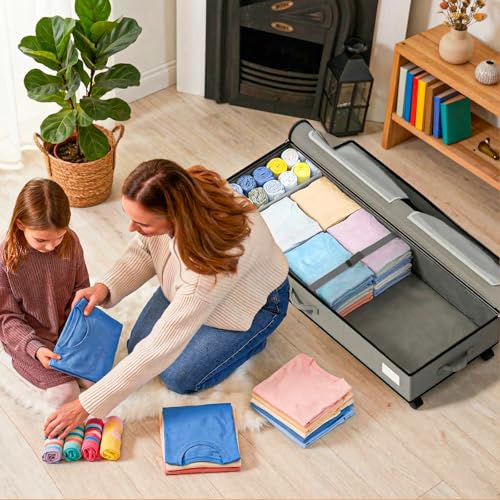GoMaihe Under Bed Storage with Wheels: 70L Rolling Bins for Wrapping Paper Storage, Toys, Clothes - Includes Mesh Bag & Adjustable Dividers, Metal Frame Easy Pull-out Grey 1-Pack - color: Grey