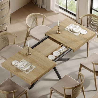 Extendable Dining Room Table for 4 6 8,55"-70" Kitchen Table Leaf,Oak | Expandable Rectangle Dining Table,Wood Dining Table w/ Hidden Leaf & Storage, Space Saving, Kitchen Dining Living Room,Modern - color: Removable Leaf 55"-71" Oak