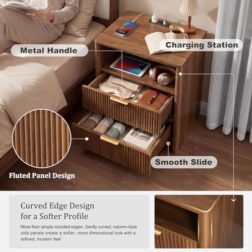 LYNCOHOME 19.7" Fluted Nightstands Set of 2 with Charging Station, 2 Drawer Bedside Table, Modern Night Stand with Curved Edge, Wooden End Table for Bedroom, Rounded Night Stand with Storage, Walnut - size: 15"D x 19.7"W x 24.2"H（2 Drawers）