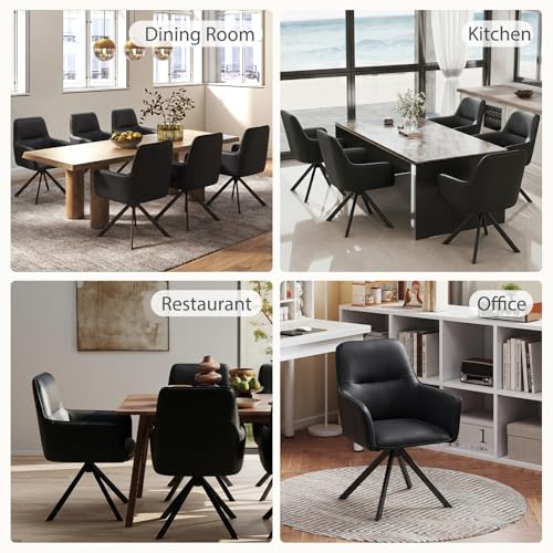 Modern Swivel Dining Chairs Set of 6, Upholstered Dining Room Chairs with Thicken Cushion, 360°Swivel Dining Chairs with Metal Legs for Dining Room, Kitchen, Bedroom, PU, Black - color: Black, size: Set of 6