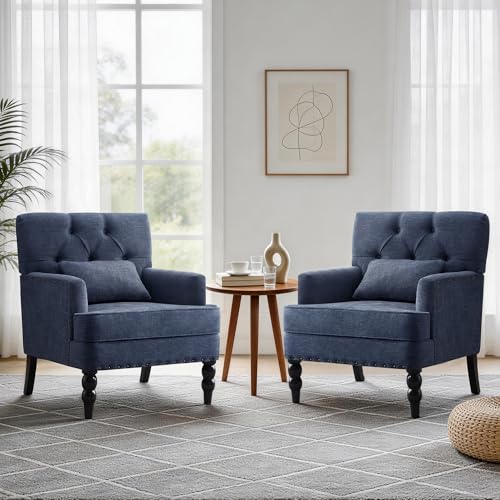 HUIMO Accent Chair, Tufted Upholstered Club Chair, Indigo Blue | Tufted upholstered club chair with lumbar pillow and solid wood legs. Suitable for living rooms, bedrooms, and reading nooks. - color: Blue