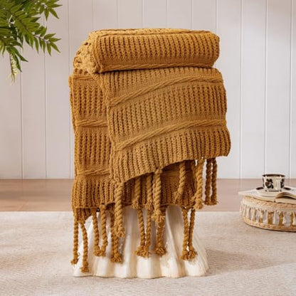 Boho Knitted Chenille Blanket with Tassels - Lightweight & Soft All-Season Throw - 3D Classic Pattern for Living Room Bedroom Couch, Amber Brown, Twin 60"x80" - color: Amber Brown, size: Twin