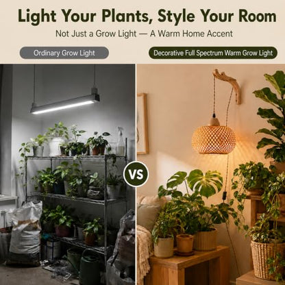 Wall Mounted Grow Lights for Indoor Plants with Timer, Hanging Light | 3500K Full Spectrum Pendant Grow Light, Rattan Shade Decorative Plant Light, 19.7FT Cord for Living Room Corners Plants