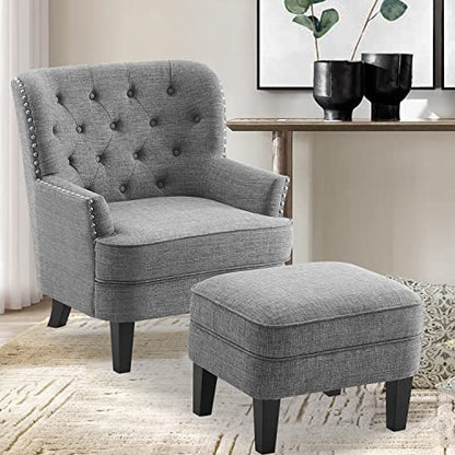 Rosevera Accent Chair with Ottoman Set - Mid-Century Modern Upholstered Armchair for Living Room or Bedroom - Comfy Reading Chair with Footrest, Small Accent Chair -Grey - color: Linen Grey With Ottoman