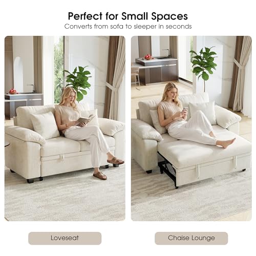 61” Pull Out Couch, 2 in 1 Sleeper Sofa Bed with Throw Pillow, Convertible Small Loveseat Sleeper Couch for Living Room, Bedroom, Apartment (Beige) - color: Beige, size: 2 Seat Sleeper