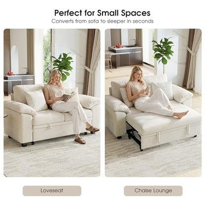 61” Pull Out Couch, 2 in 1 Sleeper Sofa Bed with Throw Pillow, Convertible Small Loveseat Sleeper Couch for Living Room, Bedroom, Apartment (Beige) - color: Beige, size: 2 Seat Sleeper