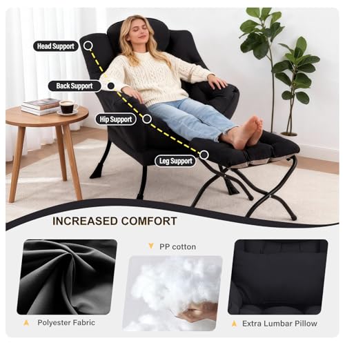 Lazy Chair with Ottoman, Reading Chair with Lumbar Pillow， Black | Comfy Accent Lounge Chair with Pillow & folding Foot Stool, sturdy metal frame for bedroom, dorm or apartment, Living Room - color: Black