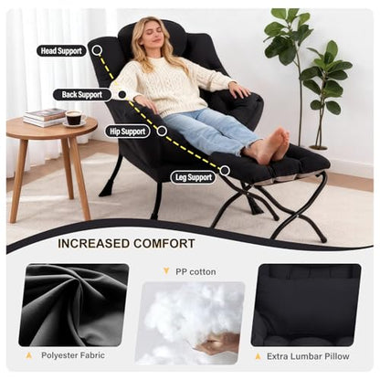 Lazy Chair with Ottoman, Reading Chair with Lumbar Pillow， Black | Comfy Accent Lounge Chair with Pillow & folding Foot Stool, sturdy metal frame for bedroom, dorm or apartment, Living Room - color: Black