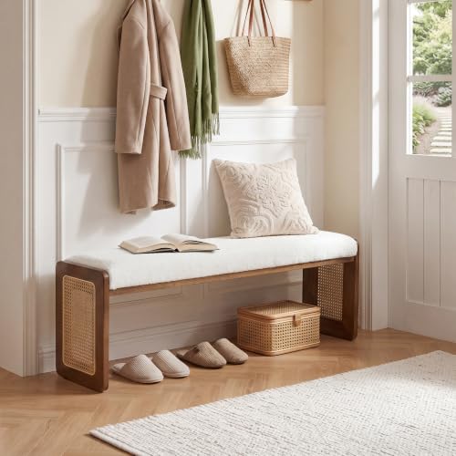 LITTLE TREE Shoe Bench with Cushion, Solid Wood Bench for Entryway、Hallway | Modern Storage Bench with Padded Seat, Narrow Rustic Space-Saving Bench with Cushioning Footpads, Elegant Wicker Design