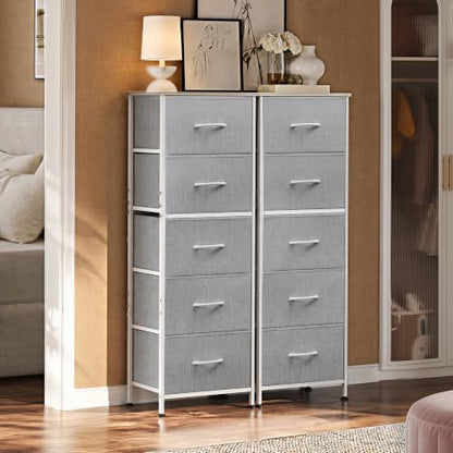 WLIVE Tall Dresser for Bedroom, 5 Drawer Dresser, Light Grey | 5 vertical fabric drawers, Tall vertical design, Bedroom or closet use, Dresser for small spaces, Chest of drawers - color: Light Grey
