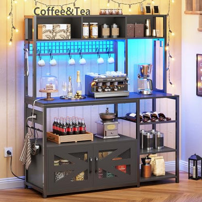 Itaar 47.2 Inch Bakers Rack with Power Outlet, Microwave Stand with Storage, Farmhouse Coffee Bar Cabinet Station with Wine Rack, Iron Mesh and 8-S Hooks (Black) - color: Black