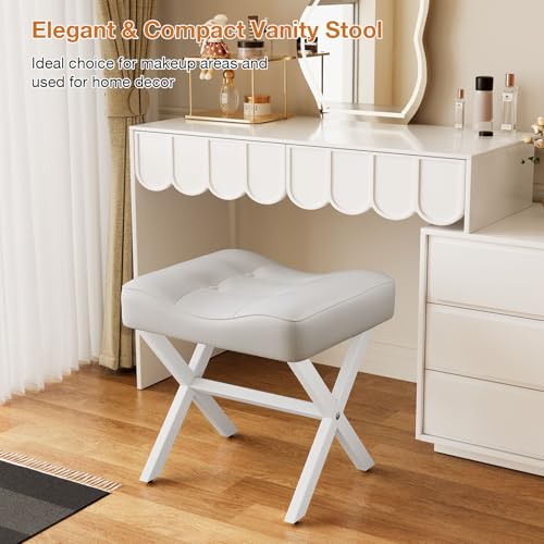 18-Inch Large Leather Vanity Stool Chair, White Makeup Stool | Vanity Bench, Metal X-Leg, 350 LBS, 20"x16.9"x18", Ottoman Accent Stool, Thick Padded Saddle Seat, For Living Room Bedroom - size: Large, style: White Leather