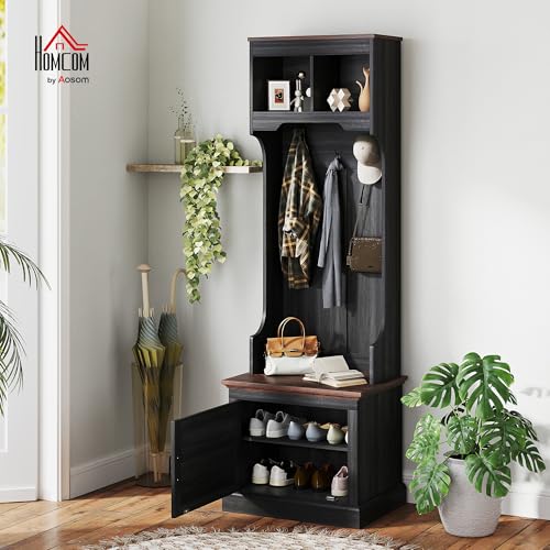 HOMCOM 3-in-1 Hall Tree with Shoe Storage, Shoe Bench, Black Wood Grain | Standing Coat Rack, Entryway Furniture, Three Hooks - color: Black Wood Grain