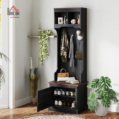 HOMCOM 3-in-1 Hall Tree with Shoe Storage, Shoe Bench, Black Wood Grain | Standing Coat Rack, Entryway Furniture, Three Hooks - color: Black Wood Grain