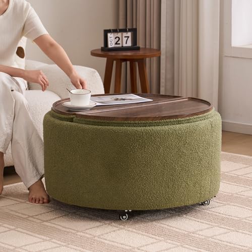29.5" Round Storage Ottoman Coffee Table, Dual Reversible Lids, Green | Round Ottoman Coffee Table, Swivel Casters, Hidden Storage, Dual Lift-Off Lids, Teddy Fabric, Living Room, Bedroom - color: Green