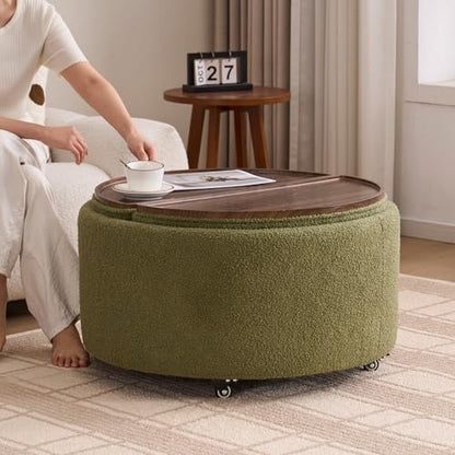 29.5" Round Storage Ottoman Coffee Table, Dual Reversible Lids, Green | Round Ottoman Coffee Table, Swivel Casters, Hidden Storage, Dual Lift-Off Lids, Teddy Fabric, Living Room, Bedroom - color: Green