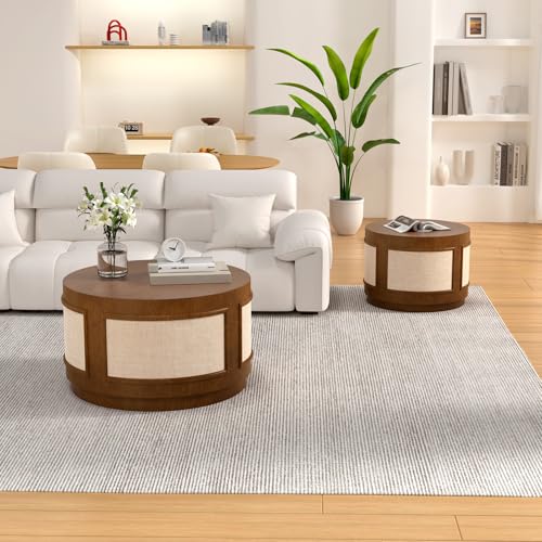 Nesting Coffee Tables Set of 2, Round Wooden, Brown | Solid Wood Frame & Fabric Veneer, Mid-Century Modern Accent Tables, End Tables, For Living Room, Bedroom & Small Spaces - color: Brown 26.8"dx15.7"h