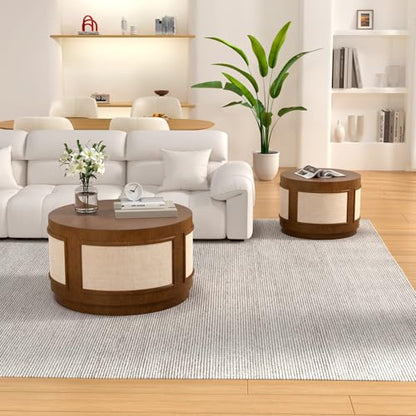 Nesting Coffee Tables Set of 2, Round Wooden, Brown | Solid Wood Frame & Fabric Veneer, Mid-Century Modern Accent Tables, End Tables, For Living Room, Bedroom & Small Spaces - color: Brown 26.8"dx15.7"h