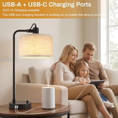 Black Table Lamp Set of 2, USB A+C, 180° Adjustable Bedside Lamps, Dimmable | Bare Bulb Compatible, Industrial Nightstand Lamp with Linen Lampshade, LED Bulbs Included, Desk Lamp for Bedroom, Living Room - color: Black-A