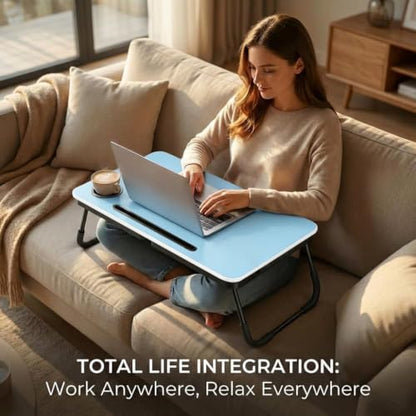 BUYIFY 23.4" Foldable Lap Desk Bed Table with Cup Holder Tray Blue | Portable Folds Flat for Easy Storage, No Assembly Laptop Bed Desk, Sturdy and Lightweight, Patent Design - color: Blue