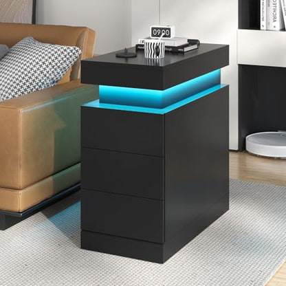 Narrow Nightstand Charging Station, End Table with Sliding Top, 3 Drawers Bedside Tables for Living Room Bedroom, Night Stand for Small Space (Black)