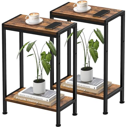 Narrow Side Table set of 2 for Small Space, 2-Tier Slim End Table, Thin Nightstand, Skinny Snack Couch Table, Sofa bedside Table in Living Room, Bedroom, Study, Kitchen and Balcony (Rustic Brown) - color: Rustic Brown, size: 2-Tier (7.9''D*17''W*22.8''H)