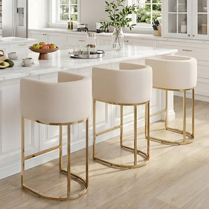 HNY Modern Cream Counter Height Barrel Upholstered Counter Stools Set of 2, 29 Inch Linen Fabric Kitchen Island Stools with Gold Metal Frame - color: 29inch Cream,gold Base