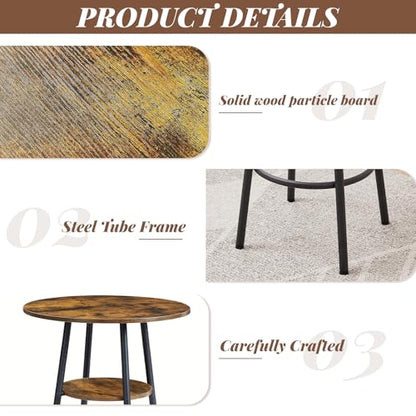 23.6” Diameter Round Bar Table Set for 2 with Storage Shelf, Counter Height Pub Table and Chairs, Small Round Kitchen Table with Backrest Stools for Small Spaces, Breakfast Nook Dining Table - color: Rustic Brown, style: Round w/ Wood Seat Stool