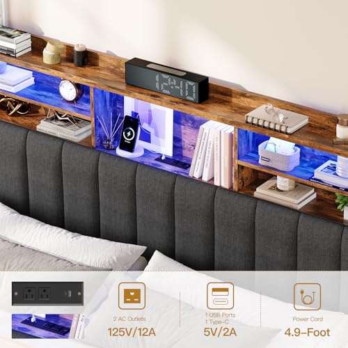 Queen Bed Frame with Headboard and 4 Drawers Storage, Bed Frame Queen Size Built in LED Lights and Charging Station, Sturdy & Noise-Free Upholstered Platform Metal Support Bed, Dark Grey