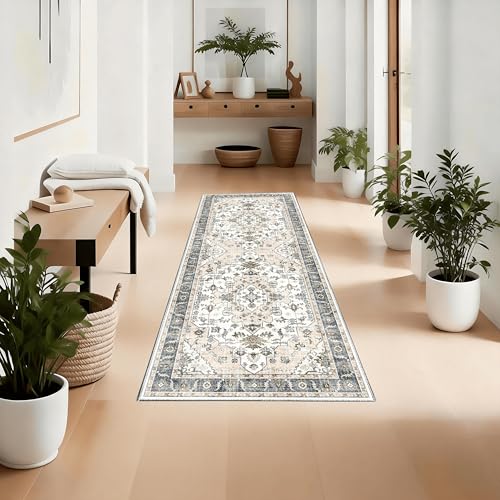 2x6 Non-Slip Washable Boho Kitchen Runner Rug | Faux cashmere, barefoot comfort, slip-resistant on tile/wood, machine washable, versatile use for kitchen, hallway, entryway - color: Beige, size: 2'x6' Medium