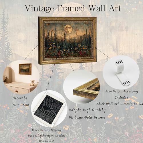 Gold Framed Wall Art Vintage Nature Forest Wall Art Full Moon Forest Landscape Wall Decor Picture Rustic Dark Wildflower Field Poster Print for Bedroom Living Room 12x16in - color: Moon Forest, size: 16"l X 12"w
