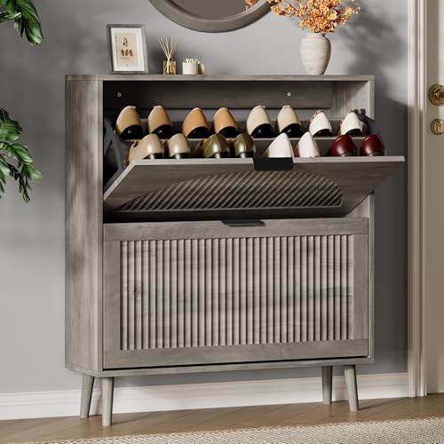 Xixini Shoe Storage Cabinet with 2 Flip Drawers, 36" Tall Narrow Wood Fluted Shoe Organizer for Entryway, Freestanding Wooden Hidden Slim Shoe Rack for Front Door Entrance, Hallway, Foyer, Light Grey - color: Light Grey, size: 2 Flip Drawers