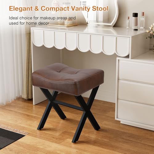 18-Inch Leather Vanity Stool Chair, Dark Brown Makeup Stool | Vanity Bench, Metal X-Leg, Ottoman Accent Stool, Thick Padded Saddle Seat, 300 LBS, 16.3"x12.4"x18", For Bedroom, Closet - size: Small, style: Dark Brown Leather