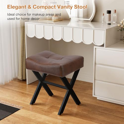 18-Inch Leather Vanity Stool Chair, Dark Brown Makeup Stool | Vanity Bench, Metal X-Leg, Ottoman Accent Stool, Thick Padded Saddle Seat, 300 LBS, 16.3"x12.4"x18", For Bedroom, Closet - size: Small, style: Dark Brown Leather