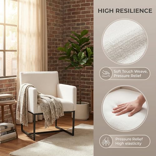 Linen Upholstered Dining Chairs with Arms Set of 2, Mid Century Modern Padded Kitchen Chairs with Black Metal Frame for Restaurant, Dining Room, Cream - color: Cream