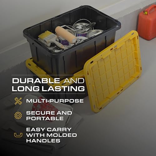 CX Heavy Duty 17-Gallon Stackable Plastic Storage Bins with Lids, 4 Pack | Storage totes for garage organization, Stackable containers, weather-resistant, snap lid, 12.5H x 18W x 26.9D, Black/Yellow - size: 17 Gallons