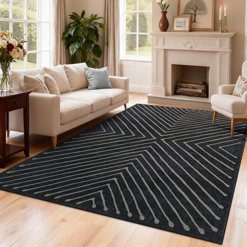 ROYHOME Area Rug 9x12 Living Room Rug Non Slip Modern Bedroom Soft Carpet | Non Slip Low Pile Dining Room Throw Rug Modern Striped Soft Geometric Ofiice Rug for Classroom Nursery Kidsroom Dorm, Black - color: Black/Tan, size: 9' x 12' (Rectangular)