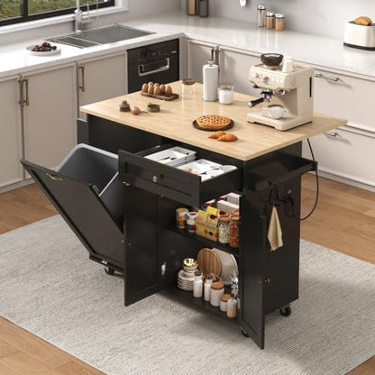 chartustriable 51" Kitchen Island with Drop Leaf,Kitchen Island Cart W/Rolling Trash Cabinet,Folding Drop Leaf,2 Drawers,Movable Carts on Wheels with Spice Rack&Towel Rack for Home, Dining Room - color: Black, size: 29.5"D x 51.2"W x 35.8"H