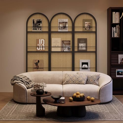 Rattan Room Divider with Built-in Bookshelf | Foldable Privacy Screen & Portable Partition for Home Office, Bedroom, Reading Nook | Wooden Frame, Freestanding Design (Black-Rattan) - color: Black-rattan