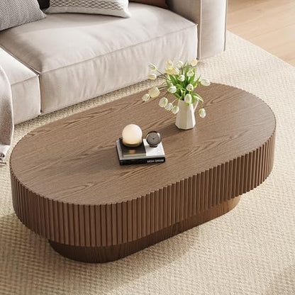 YOUDENOVA 43.7” Oval Coffee Table, Modern Wood Fluted Coffee Table for Living Room, Veneer Handcrafted Relief Center Table with Sturdy Pedestal，Easy Assembly - Walnut - color: 43.7" Brown-oval