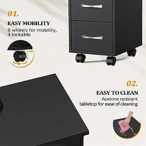 OmySalon OmySaon Manicure Table Nail Desk w/Cabinet, Drawers, Wheels & Wrist Rest, Spa Salon Beauty Home Wooden Technician Workstation Nail Art Equipment for Nail Tech, Black - color: Black