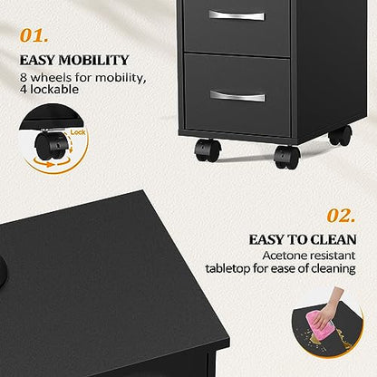 OmySalon OmySaon Manicure Table Nail Desk w/Cabinet, Drawers, Wheels & Wrist Rest, Spa Salon Beauty Home Wooden Technician Workstation Nail Art Equipment for Nail Tech, Black - color: Black