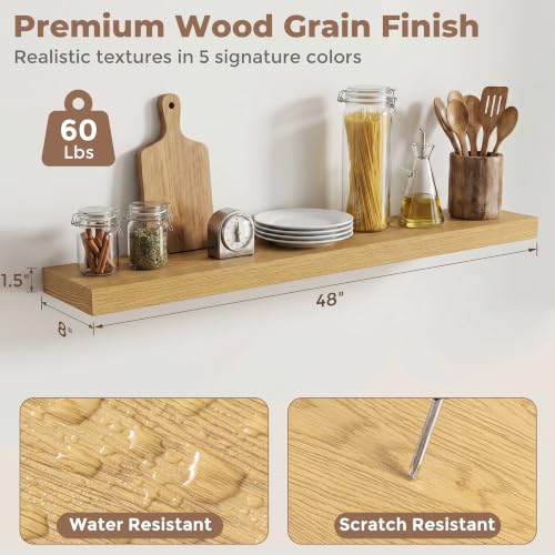 8 inch Deep Floating Shelves for Wall, 48" Wide, Oak Finish, 2-Pack | Engineered Wood Wall Shelves with Invisible Brackets for Living Room, Bedroom, Bathroom, Office & Kitchen Storage - color: Oak Finish, size: 48"W x 8"D, 2p