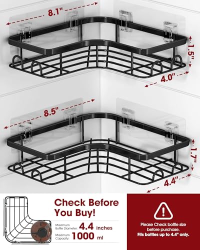 Sakugi Corner Shower Caddy - 2 Pack, Adhesive Shower Organizers, Rustproof Stainless Steel Shower Shelves with 8 Hooks, No Drilling Bathroom Organizers and Storage Racks, Space-Saving, Black, Medium - color: Black, size: Medium