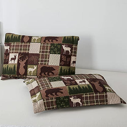 Reversible Lodge Plaid Bedding Moose Bear Quilt King Size Rustic Bedspread Cabin Coverlet Wildlife Forest Daybed Cover Summer Lightweight Bed Cover Pillow Shams - color: Brown Green, size: King(108"x96")