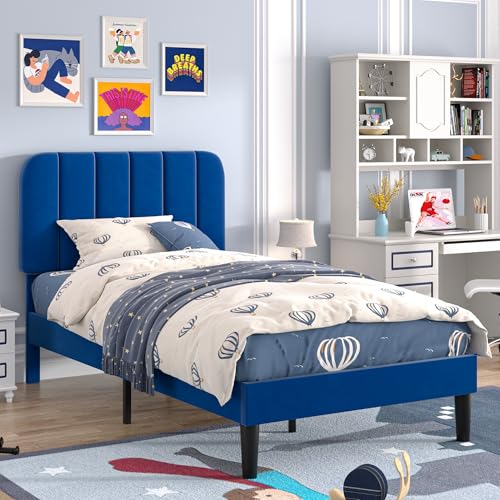VECELO Twin Size Bed Frame with Upholstered Headboard, Velvet Platform Bedframe Mattress Foundation, Strong Wood Slat Support, No Box Spring Needed,Blue - color: Blue, size: Twin, style: Bed Frame