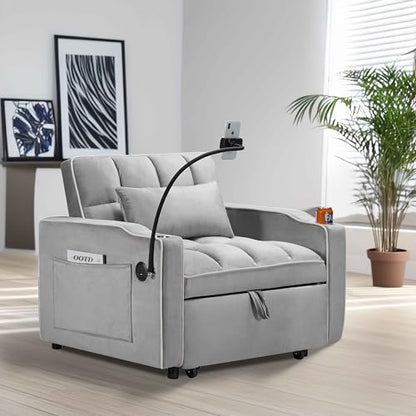 Majnesvon Convertible Chair Bed 3 in 1, Sofa Bed Chair (Grey) | Adjustable Backrest & Cup Holder & Charging Station, Small Space One Person Couch for Apartment, Office, Living Room, Bedroom - color: Grey