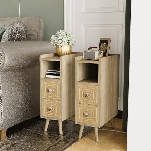 Narrow Nightstands Set of 2, Mid-Century Modern Bedside Table with Carved Drawer and Storage Shelf, Farmhouse Slim Side End Table for Bedroom and Living Room - color: Natural-narrow Nightstands Set of 2